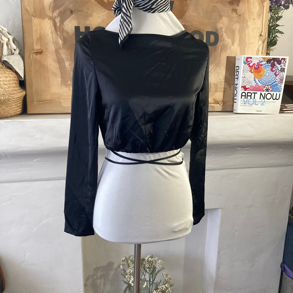 Nasty Gal  Black Long Sleeve Tie Waist Crop Blouse, New w/ Tags